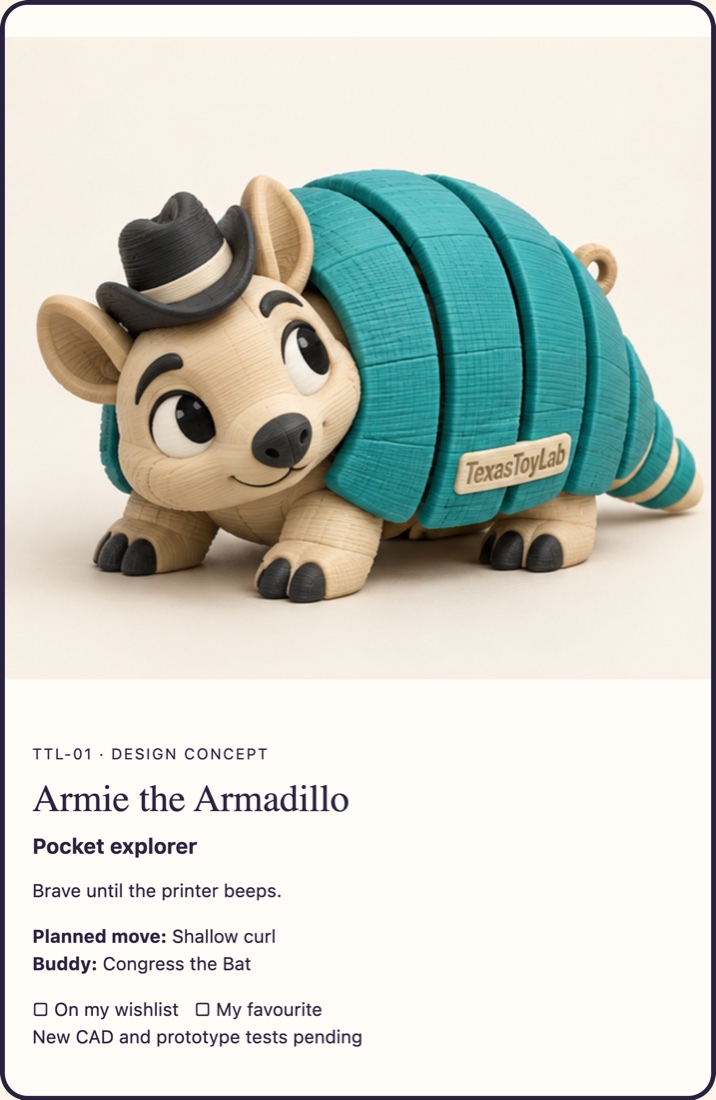 Armie the Armadillo adoption card (concept art)