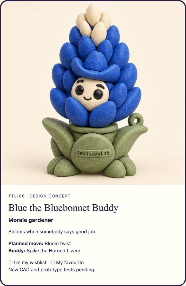 Blue the Bluebonnet Buddy adoption card (concept art)