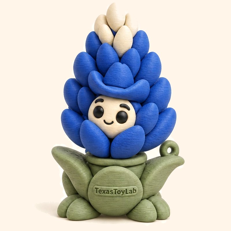 Blue the Bluebonnet Buddy: AI-generated concept art, not a photo