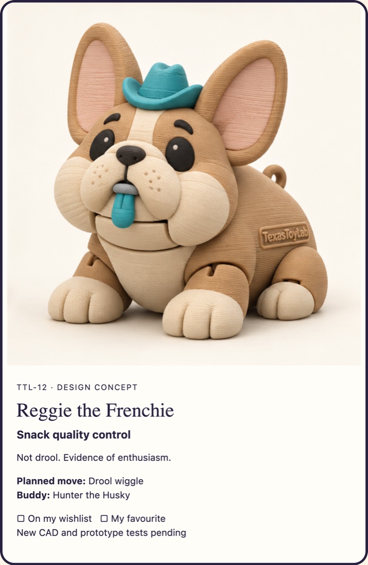 Reggie the Frenchie adoption card (concept art)