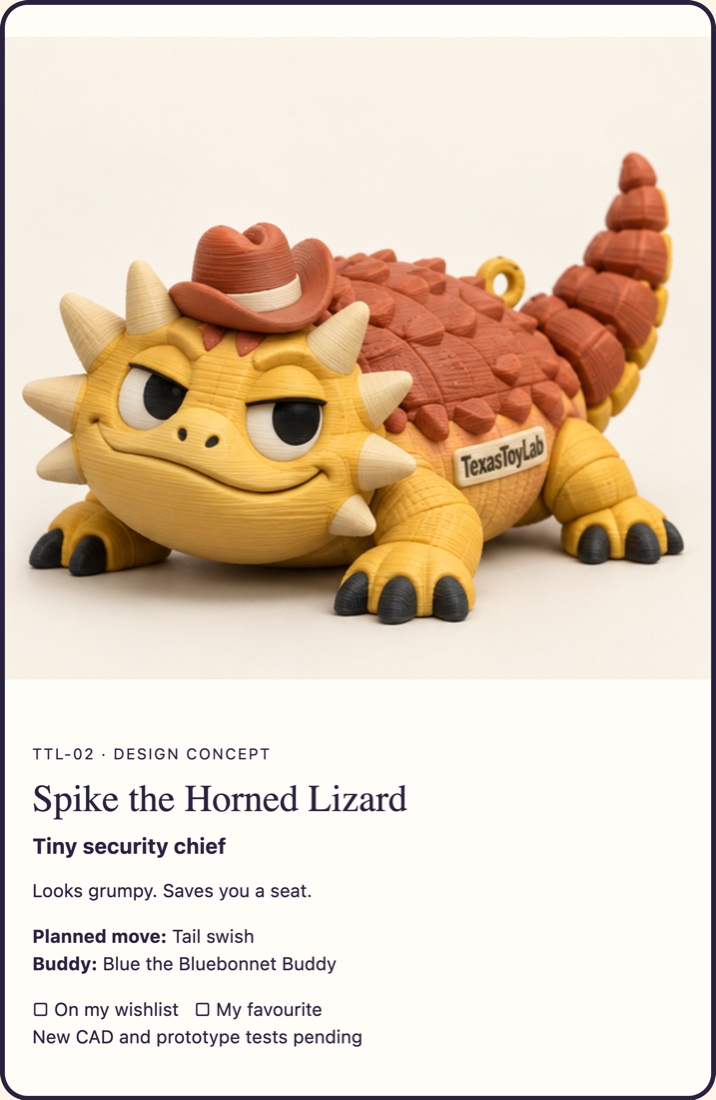 Spike the Horned Lizard adoption card (concept art)