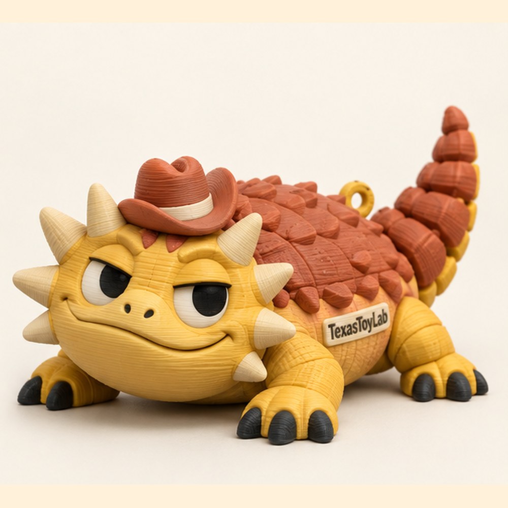 Spike the Horned Lizard, new design concept, in a tiny cowboy hat (AI-generated concept art)