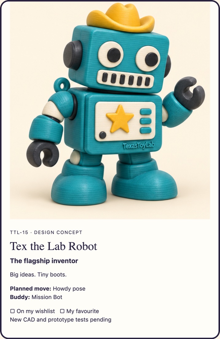 Tex the Lab Robot adoption card (concept art)
