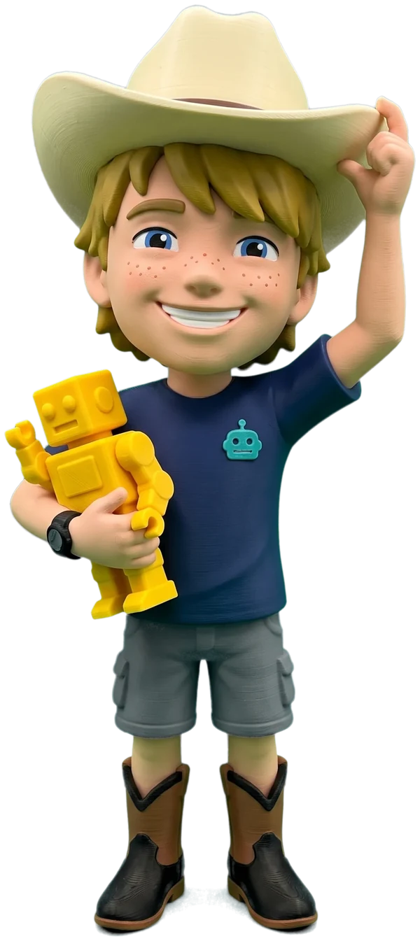 Joseph, the Lab&rsquo;s 8-year-old inventor, drawn as a cartoon toy in his straw cowboy hat, Texas Toy Lab tee and boots, tipping his hat hello