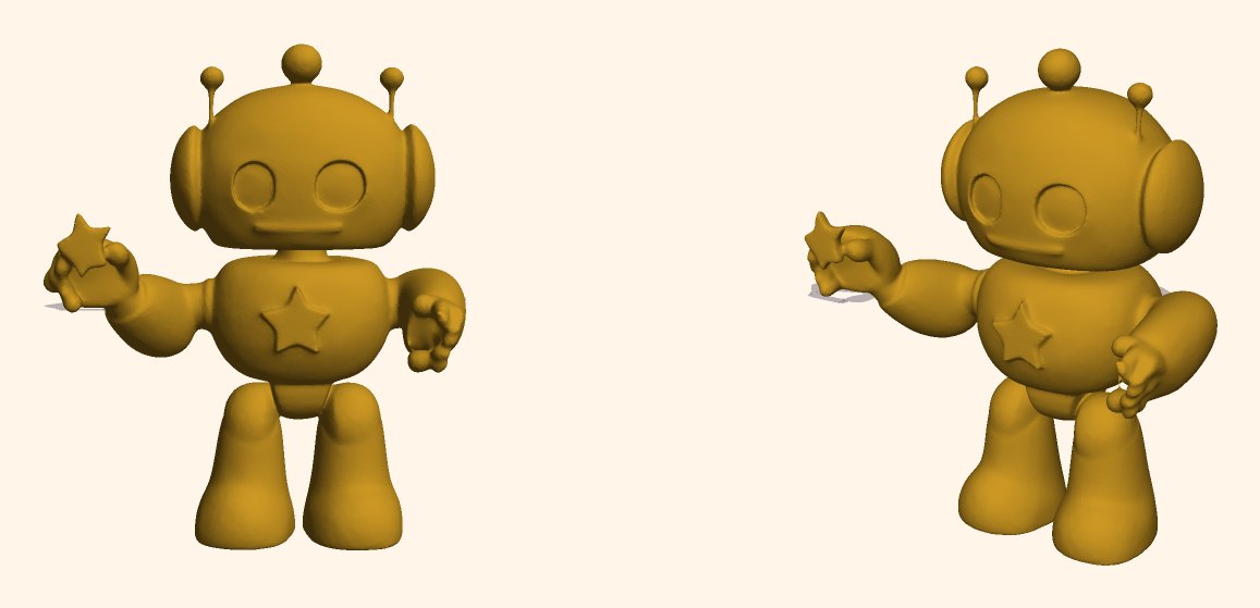 Our render of the robot's real print file from two angles: a solid gold robot standing on two feet, a small star in one outstretched hand and a star on its chest