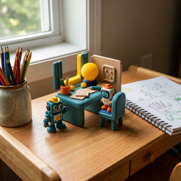 The Idea Desk: a little teal desk with a yellow bulb lamp, a pinboard and Tex the robot