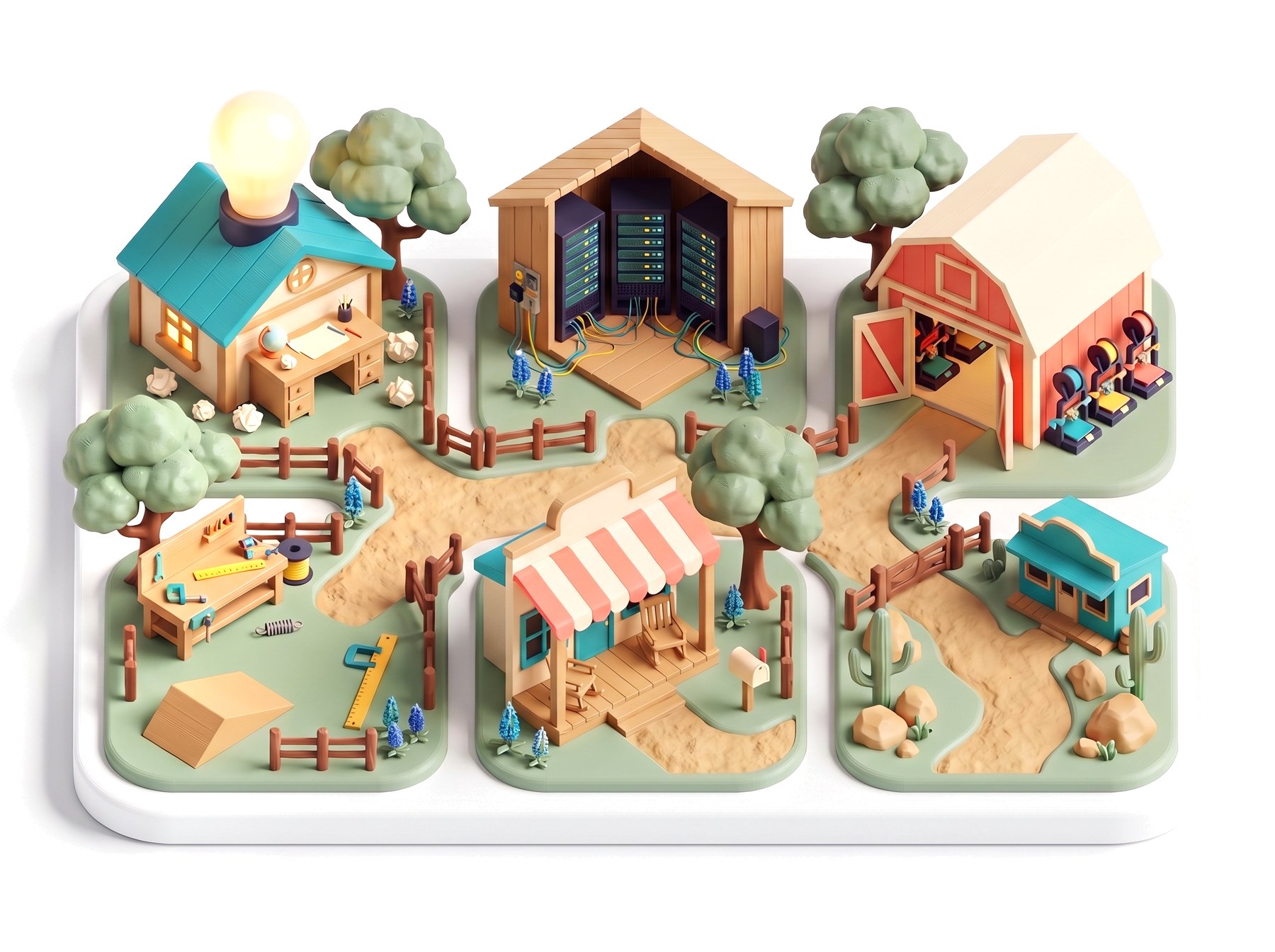 Map of Crew Country, the Texas Toy Lab grounds drawn as a 3D-printed toy playset (AI concept art, not a real print yet): the Idea Desk, Norman's Rack, the Printer Ranch, the Test Bench, the Front Porch and the Back Forty Trail (AI illustration)