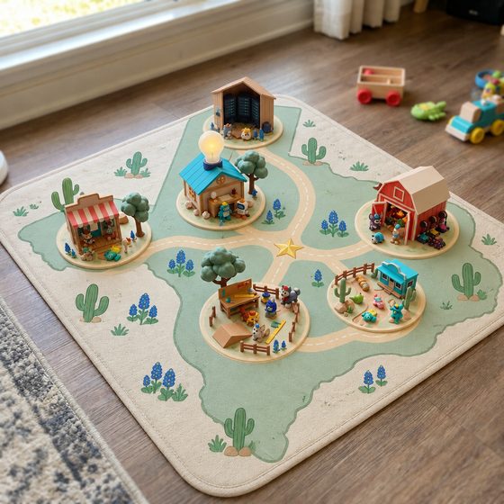 All six Crew Country playsets, 3D-printed, sitting on their spots on a flat Texas play mat on a living-room floor