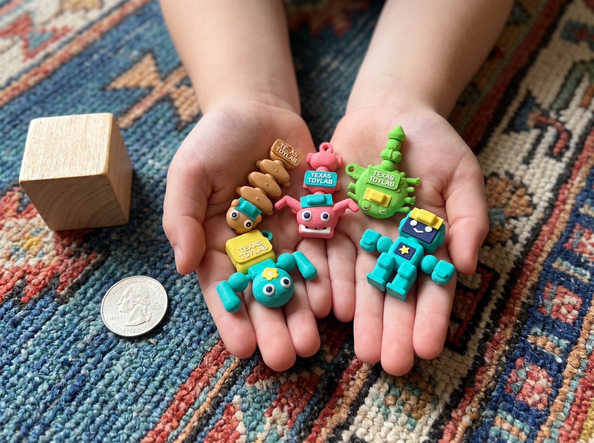 All five Pocket Crew in a child's cupped hands with a quarter for scale: AI visualisation, not a photo