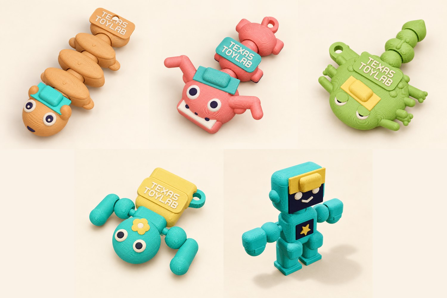 All five Pocket Crew toys together: Tumble, Buck, Prickle, Sprout and Tiny Tex