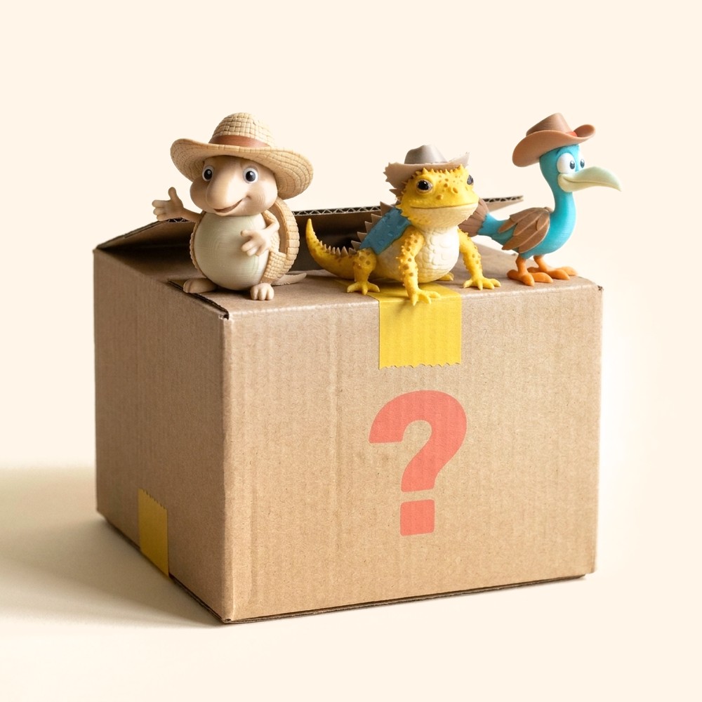 A kraft box with a big question mark and three Lab critters peeking out over the lid (render)